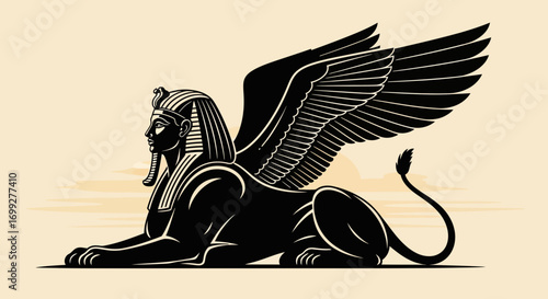 Stylized black egyptian sphinx with wings on beige background