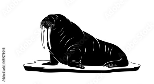 Silhouette of a walrus with tusks on an ice floe