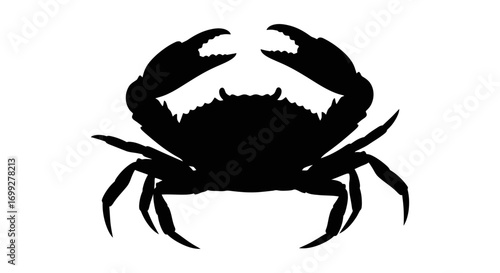 Black silhouette of a crab with claws raised on white background