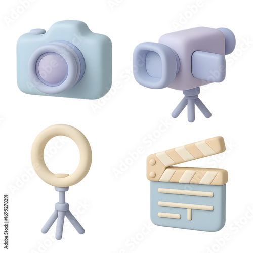 Claymorphism content creator icons set of 4, pastel 3D camera video camera ring light with tripod and clapperboard, isolated PNG for social media video production and unbranded design visuals