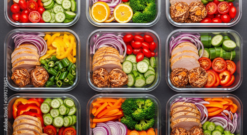 Healthy meal prep containers with fresh vegetables and protein