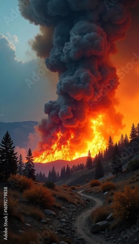 Fierce wildfire engulfs a dry landscape, creating a raging firestorm Smoke billows into the sky, trees burn fiercely, and the ground is consumed by flames , dry, sky, burning