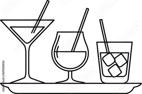 Minimalist line art illustration of three different cocktail glasses on a tray