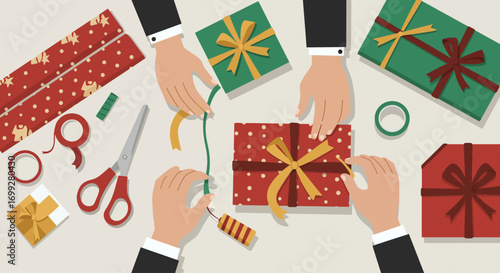 A detailed Flat Design vector illustration showing hands carefully wrapping Christmas gifts with festive paper and ribbons