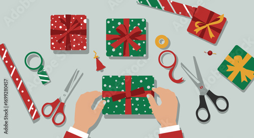 A detailed Flat Design vector illustration showing hands carefully wrapping Christmas gifts with festive paper and ribbons