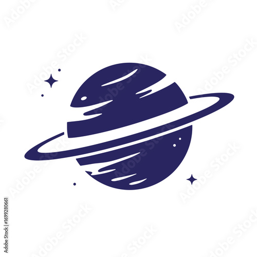 Stylized illustration of a planet with a ring and celestial stars on white background