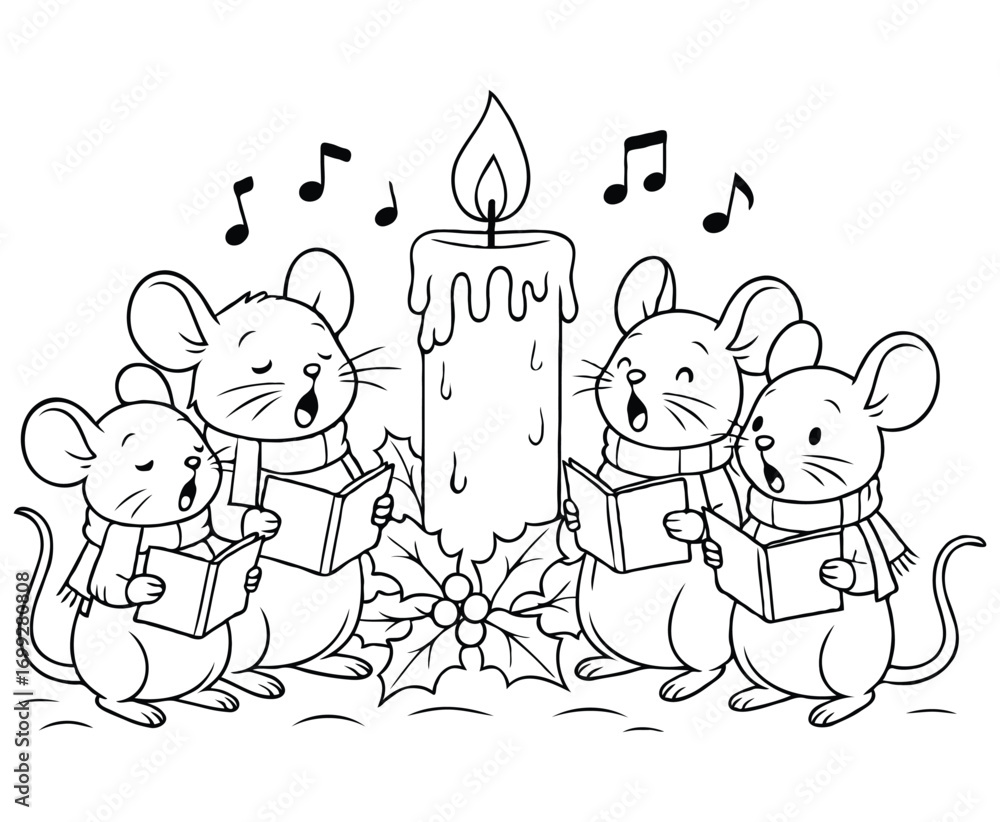 Fototapeta premium Mice Singing Christmas Carols Under Giant Candle – Holiday Coloring Page