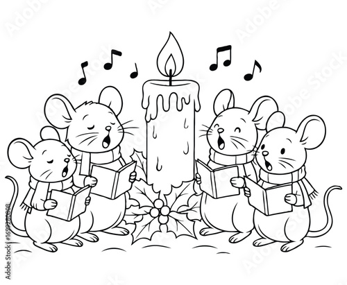 Mice Singing Christmas Carols Under Giant Candle – Holiday Coloring Page