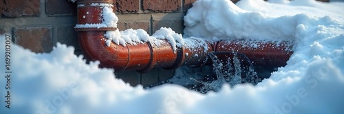 Frozen pipes bursting under a layer of snow and ice, revealing a damaged section and water leakage Winter plumbing disaster, urgent repair needed , utility, pipe wrap, winter damage