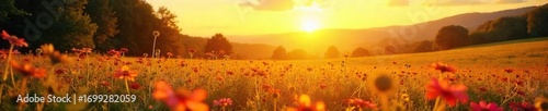 Golden hour sunlight bathes a vibrant landscape in warm, summery hues Perfect for travel, vacation, or summer themed projects Enjoy the bright, cheerful atmosphere , happy, nature