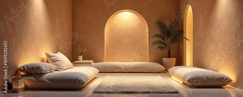 Serene relaxation seating area featuring plush cushions and soft lighting, perfect for unwinding and meditation Ideal for spa, wellness, and home decor , meditation, cushions