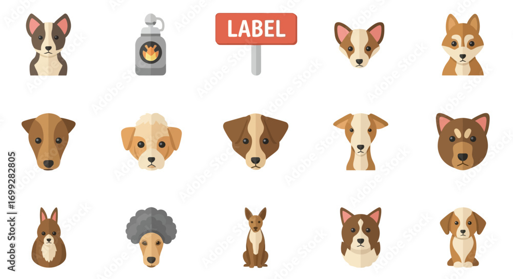 Fototapeta premium A diverse set of flat vector icons showing various dog breed heads, a pet medicine bottle, and a label sign.