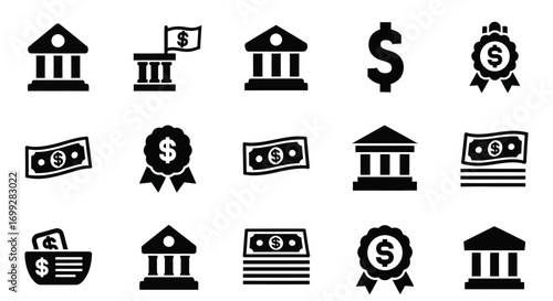 A collection of solid black glyph icons representing finance, banking, and money, including bank buildings, dollar signs, and currency symbols.