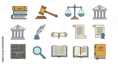 Colorful Hand-Drawn Law and Justice Icon Set with Gavel, Scales, and Books.