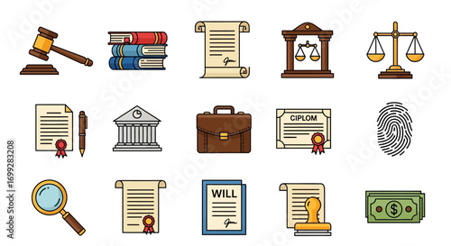 A colorful illustrated set of law and justice icons, including a gavel, scales, courthouse, and legal documents.