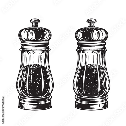 Two vintage style black and white pepper shakers on a clean white background