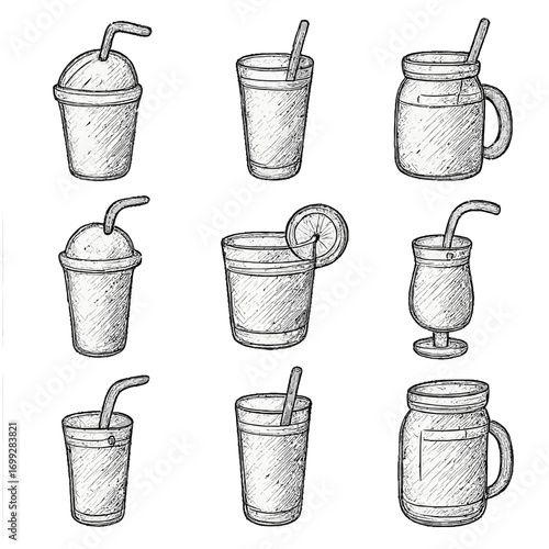 Hand-drawn beverage glass collection: variety of cups and mugs in sketch style