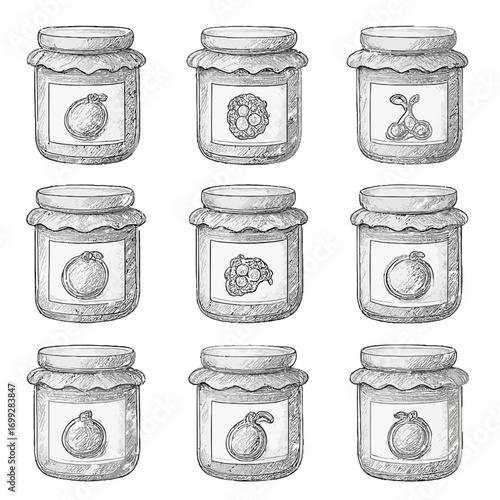 Hand-drawn sketch of jam jars with fruit labels in a grid pattern