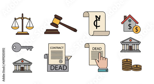 Colorful line art icon set of legal, financial, and real estate symbols including a gavel, scales of justice, contract, and deed.