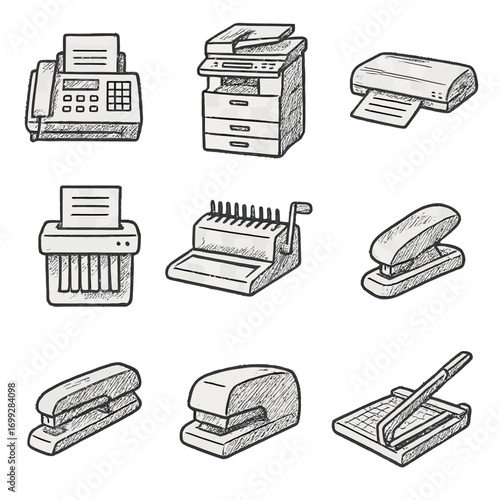 Hand drawn office equipment set on grayscale background