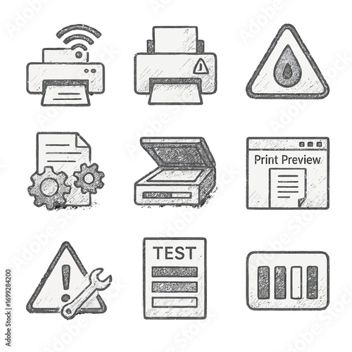 Sketchy office devices and safety signs collection for print management