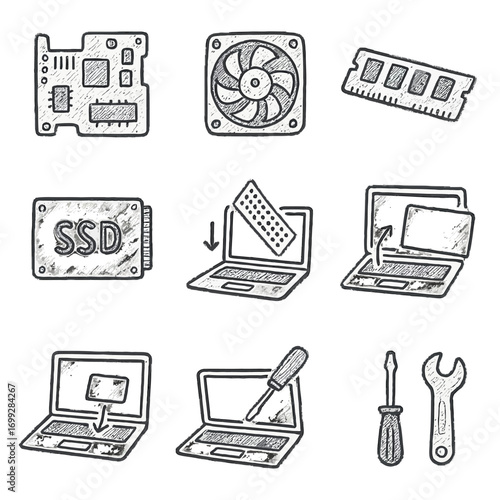 Chalk style icons of computer components and laptop repair tools