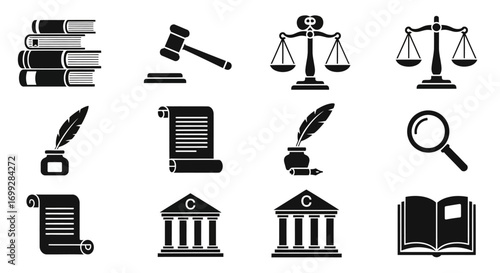 Set of black silhouette law and justice icons including gavel, scales, books, and courthouse.