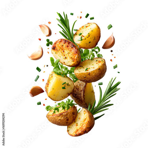 pieces of Greek lemon potatoes mid-air with rosemary and garlic flakes