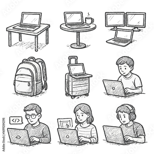 Chalk style tech and people sketches: laptops, desks, and characters in everyday scenes