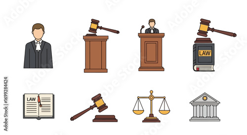 Flat design law and justice icons collection, featuring judge, gavel, scales, and courthouse.