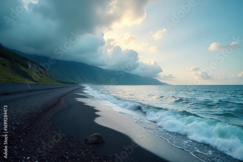 Dramatic coastal scene featuring low-lying clouds hugging the shoreline, creating a moody and atmospheric landscape Perfect for travel, nature, and weather-related projects , white, atmospheric