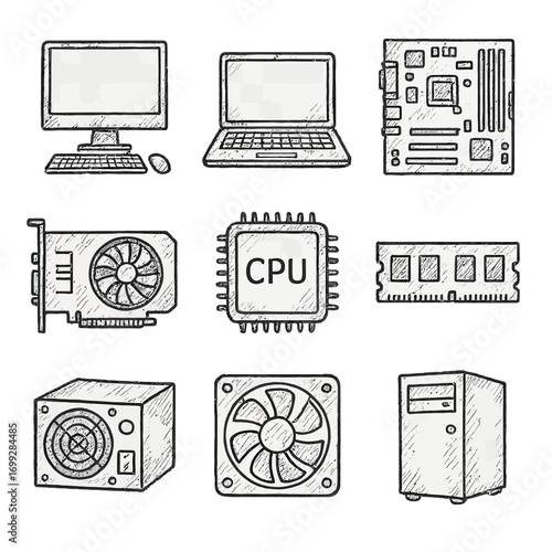 Hand-drawn computer components set: hardware essentials in sketch style