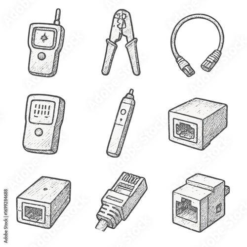 Hand-drawn vintage communication tools collection with cables and connectors