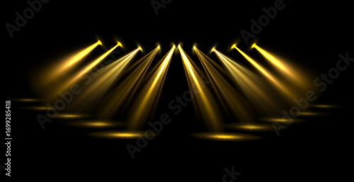Vector Stage Lighting Effects Set of Concert Spotlights with Glowing Beams, Realistic Light Sources for Event Designs, Party Posters, Web Banners and Transparent Background