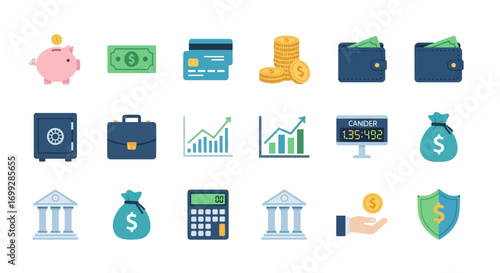 Set of colorful flat icons for finance, banking, and money management, including piggy bank, cash, charts, and a safe.