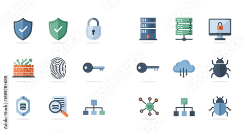 Colorful Vector Icons Representing Data Security, Protection, and Digital Safety.