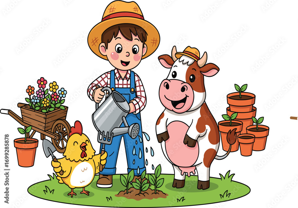 Naklejka premium Basic RGBFunny Young Farmer Watering Plants with Animal Helpers Vector Art.801Z