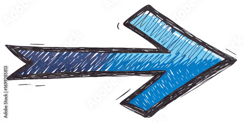 Hand-drawn blue arrow icon pointing right in a sketchy doodle style. An artistic illustration of a directional symbol representing progress, guidance, and the next step