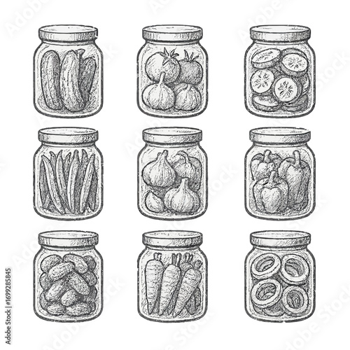 Hand drawn preserved vegetables in jars on dark background