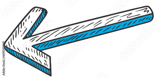 An illustrated graphic of a simple arrow pointing left with a 3D effect and blue accent lines, conveying direction and movement in a stylized hand-drawn design