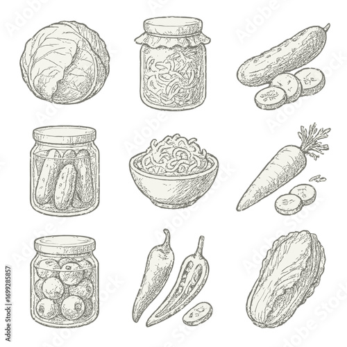 Vintage hand drawn preserved vegetables and fresh produce sketch collection