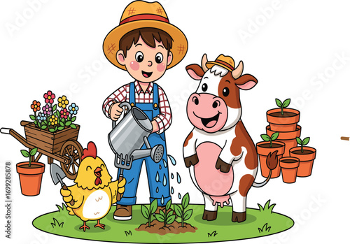 Basic RGBFunny Young Farmer Watering Plants with Animal Helpers Vector Art.801Z