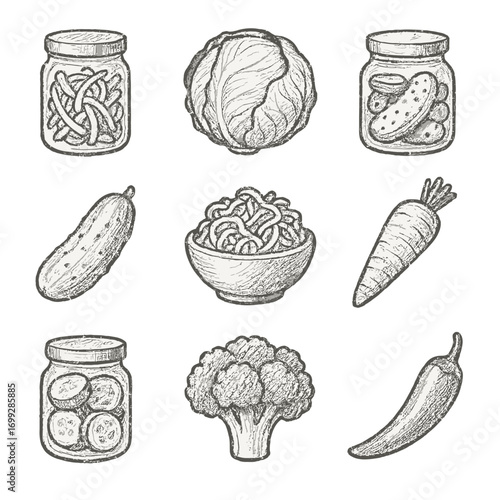 Vintage hand drawn vegetables and pickles collection in chalkboard style