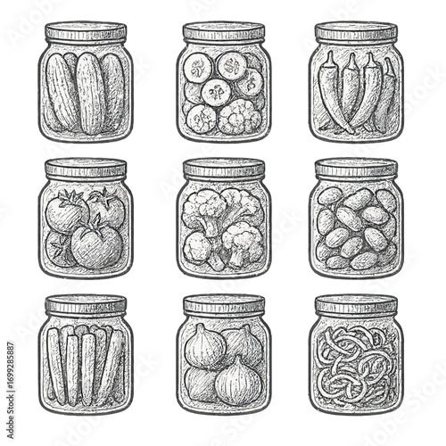 Hand drawn preserved vegetables in jars on dark background