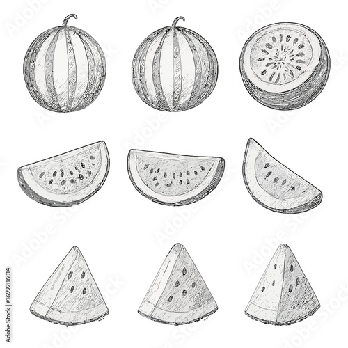 Hand drawn watermelon sketches: whole, sliced, and triangular pieces