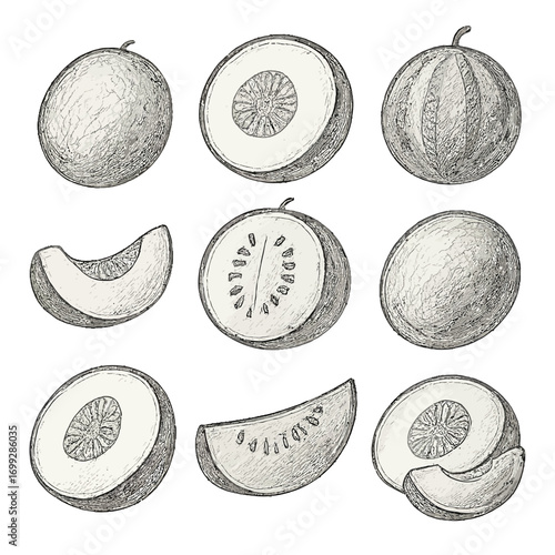 Hand drawn melon collection featuring cross sections and whole melons