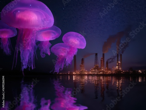 Wallpaper Mural A surreal night scene featuring glowing jellyfish hovering over a factory skyline, blending nature with industrial elements under a starry sky. Torontodigital.ca