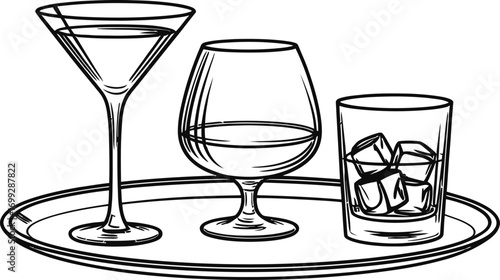 Three alcoholic drinks on a silver tray in a sketch style