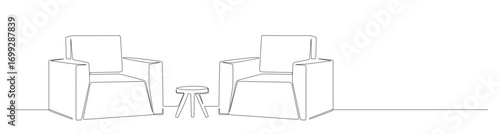 Continuous line art of a sofa and table. Minimalist living room concept with a white background.