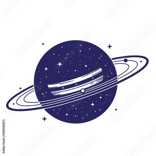 Vector illustration of planet saturn with rings and stars in a deep blue space theme